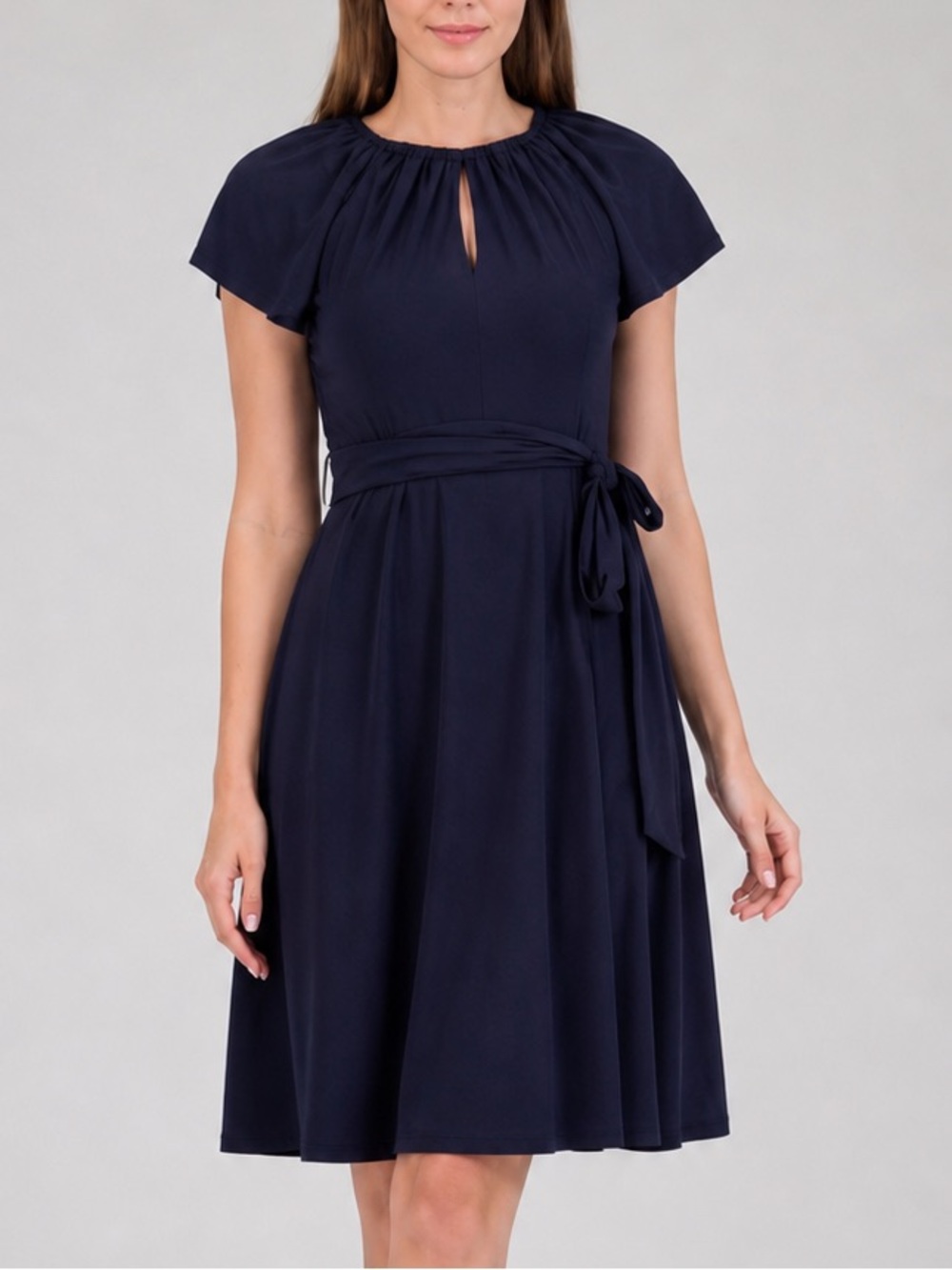 🆕🫐 Jessica Howard Navy Blue Fit & Flare Dress Petite 12P Tie Waist Office Midi